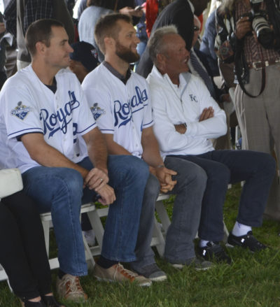 From left: Royals pitcher Chris Young, Royals outfielder Alex Gordon, and Royals Hall-of-Famer George Brett attended the groundbreaking ceremony for the Kansas City Urban Youth Academy on April 20, 2016.