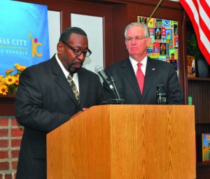 Grant awards. KCPS Superintendent Dr. Stephen Green, left, introduces Gov. Jay Nixon during a Sept. 13 press conference at Woodland to announce grant awards from the state. Leslie Collins