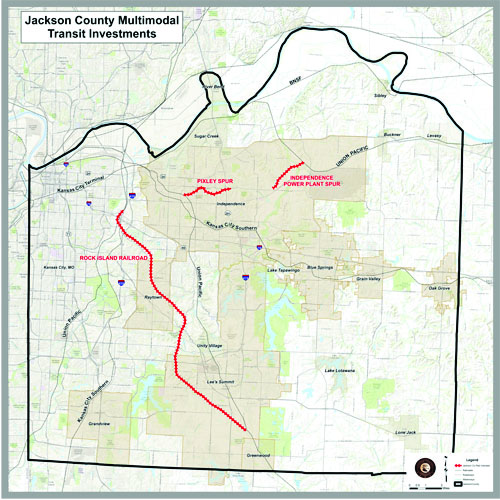 The red lines indicate the transit corridors Jackson County officials agreed upon in the Memorandum of Understanding with the Union Pacific Railroad.  