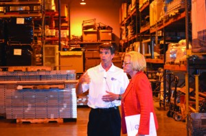 Sen. Claire McCaskill with Brian Laures of Western Forms Inc., touring the company grounds.
