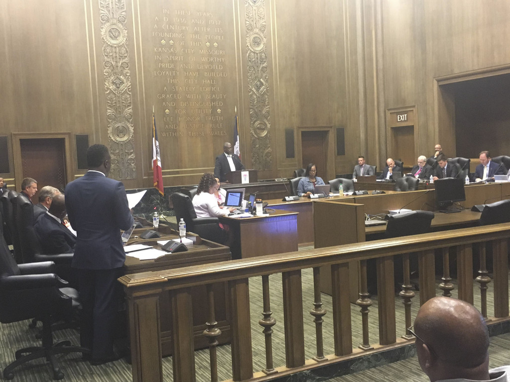 3rd District Councilman Jermaine Reed presents amendments to the 18th and Vine District redevelopment ordinance during legislative session on Thursday, July 14. 