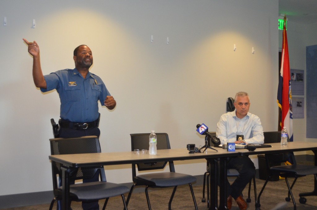 KCPD Police Chief Darryl Forte (left) stands with East Patrol Major Joe McHale as he discusses the new plan to reassign the department's CIO's.