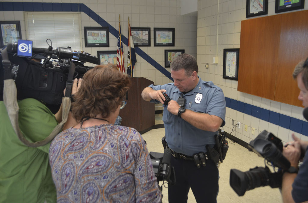 KCPD Central Patrol police officer Kevin Zoellner conducts a body camera demo on Monday, September 26.